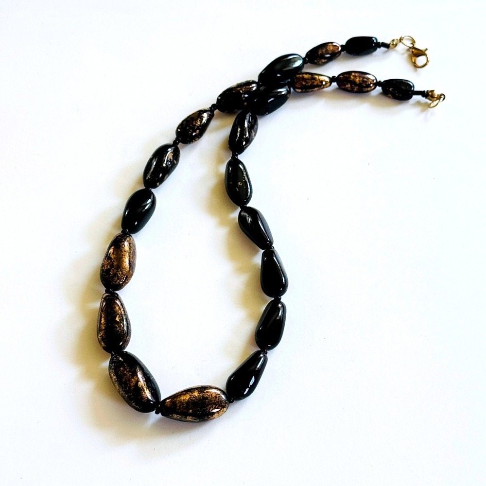 VTG Murano Venetian Necklace Beaded goil Foil art jet black Graduated Collar 17"